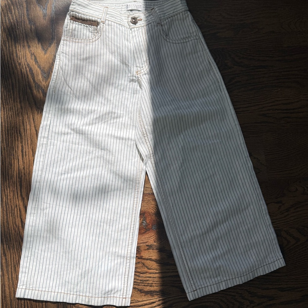 Brunello Cucinelli Cream Wide-Leg Pinstripe Kids Jeans